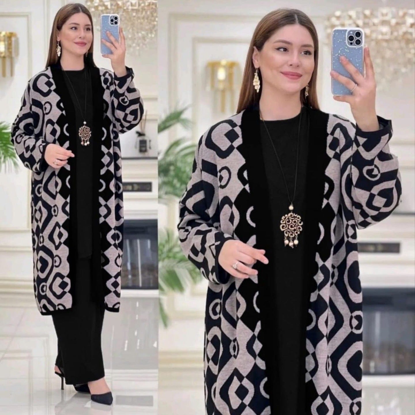 طقم صوفي ثلاثي أنيق بنقشات هندسية للخروج اليومي والضيافة