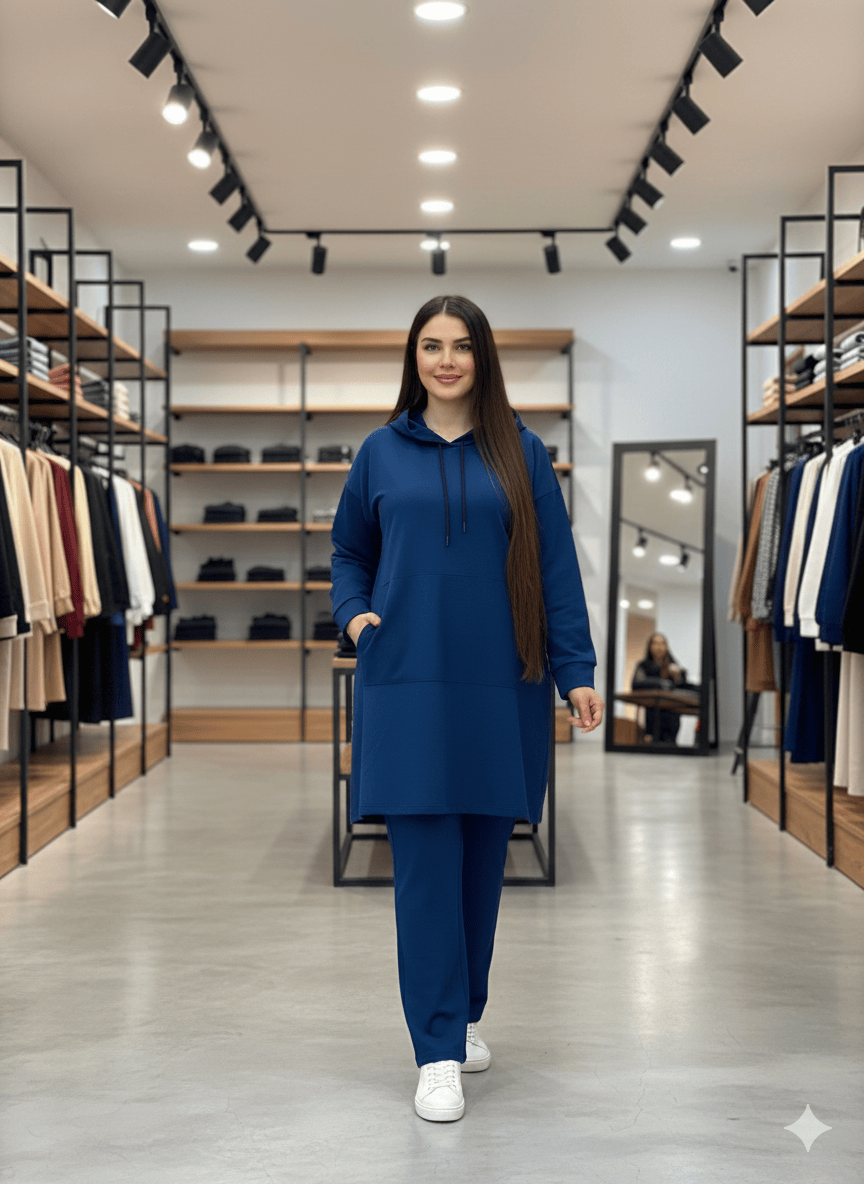 طقم هودي رياضي نسائي محتشم قطعتين بقصة طويلة