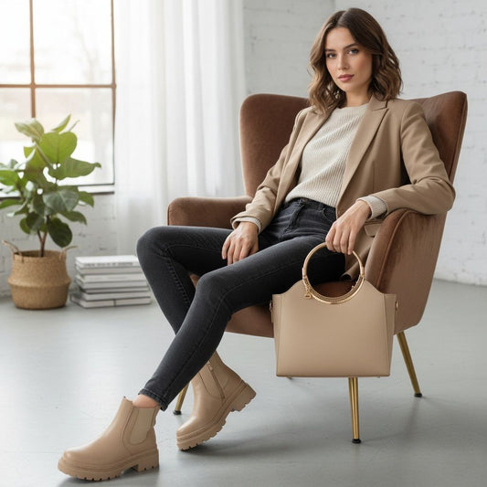 طقم أناقة يومية: حقيبة دائرية مع بوت كاحل عملي