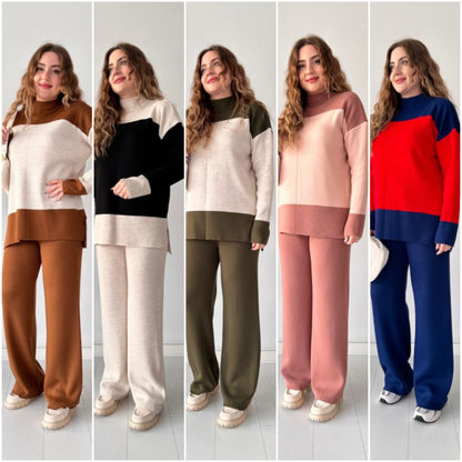 طقم تريكو قطعتين ناعم بدفء الصوف وألوان بلوك عصرية