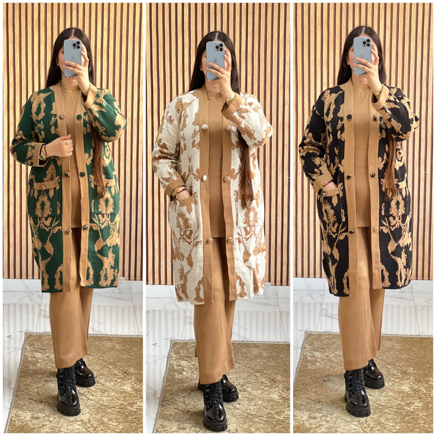 طقم صوف أنيق بثلاث قطع بنقوش فاخرة لإطلالة شتوية دافئة