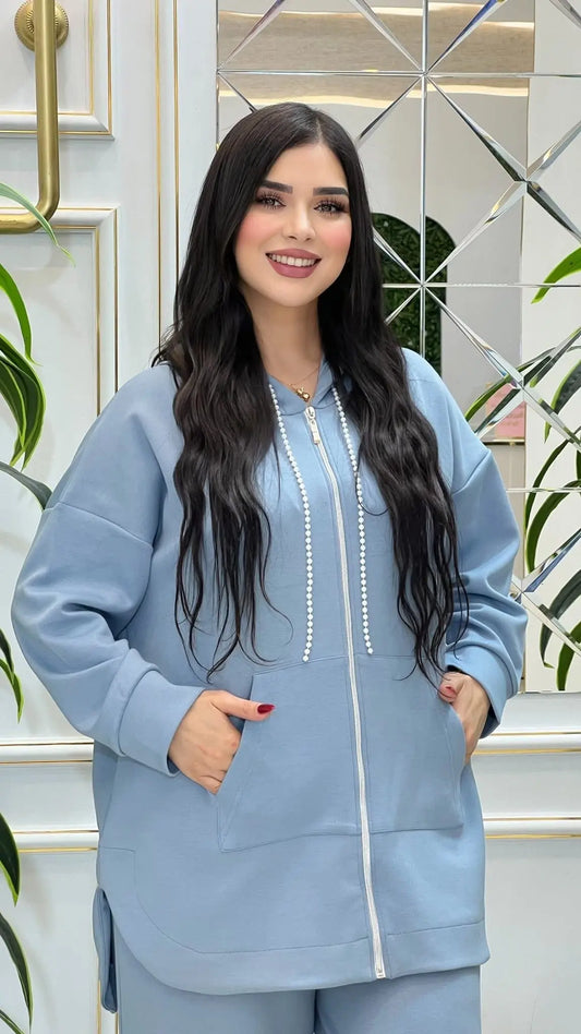 طقم هودي مونطوني سكوبا بلمسة لؤلؤ أنيقة للمحجبات وغير المحجبات