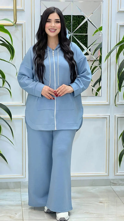 طقم هودي مونطوني سكوبا بلمسة لؤلؤ أنيقة للمحجبات وغير المحجبات