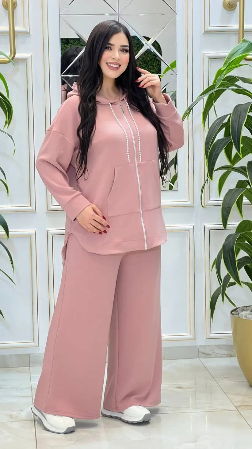 طقم هودي مونطوني سكوبا بلمسة لؤلؤ أنيقة للمحجبات وغير المحجبات
