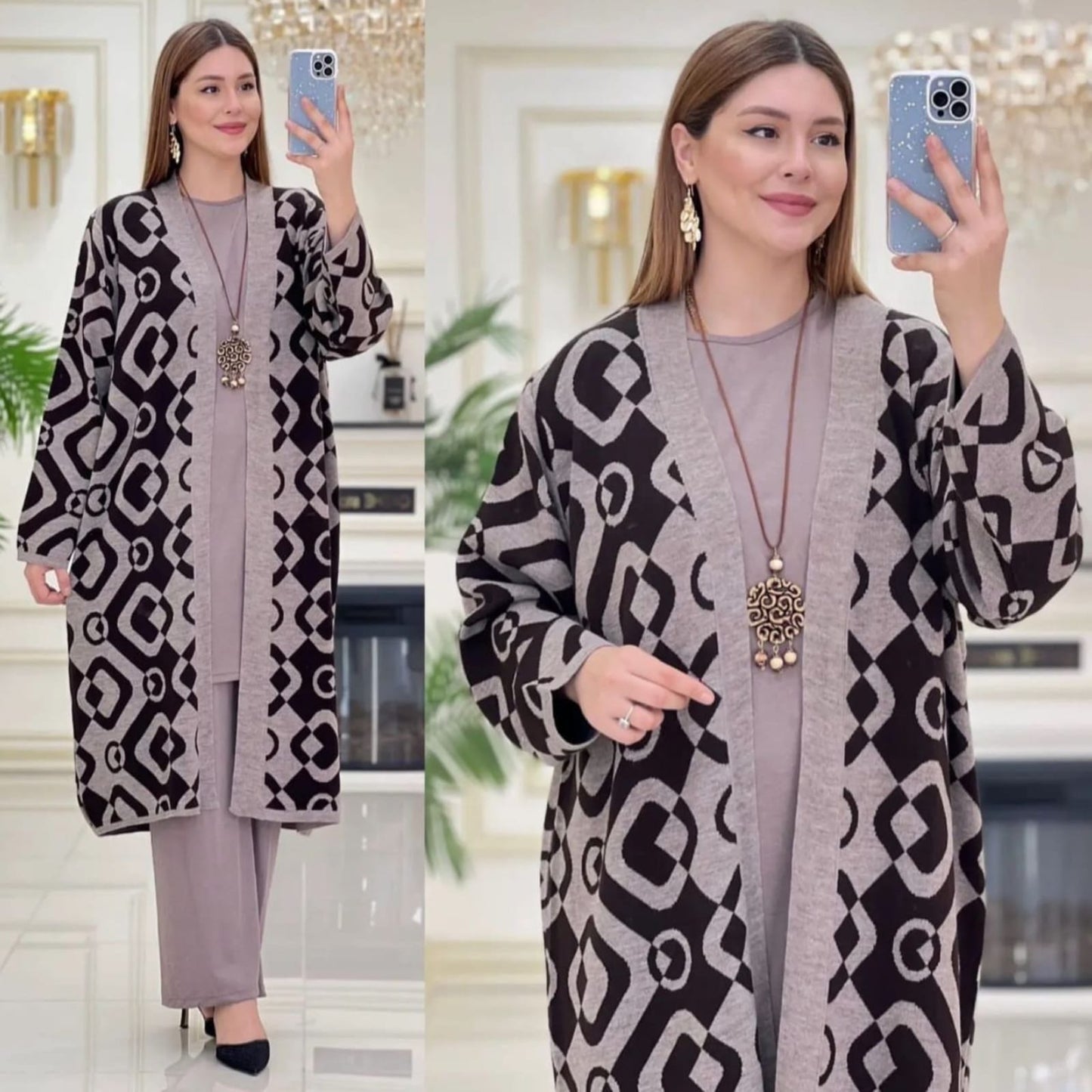 طقم صوفي ثلاثي أنيق بنقشات هندسية للخروج اليومي والضيافة