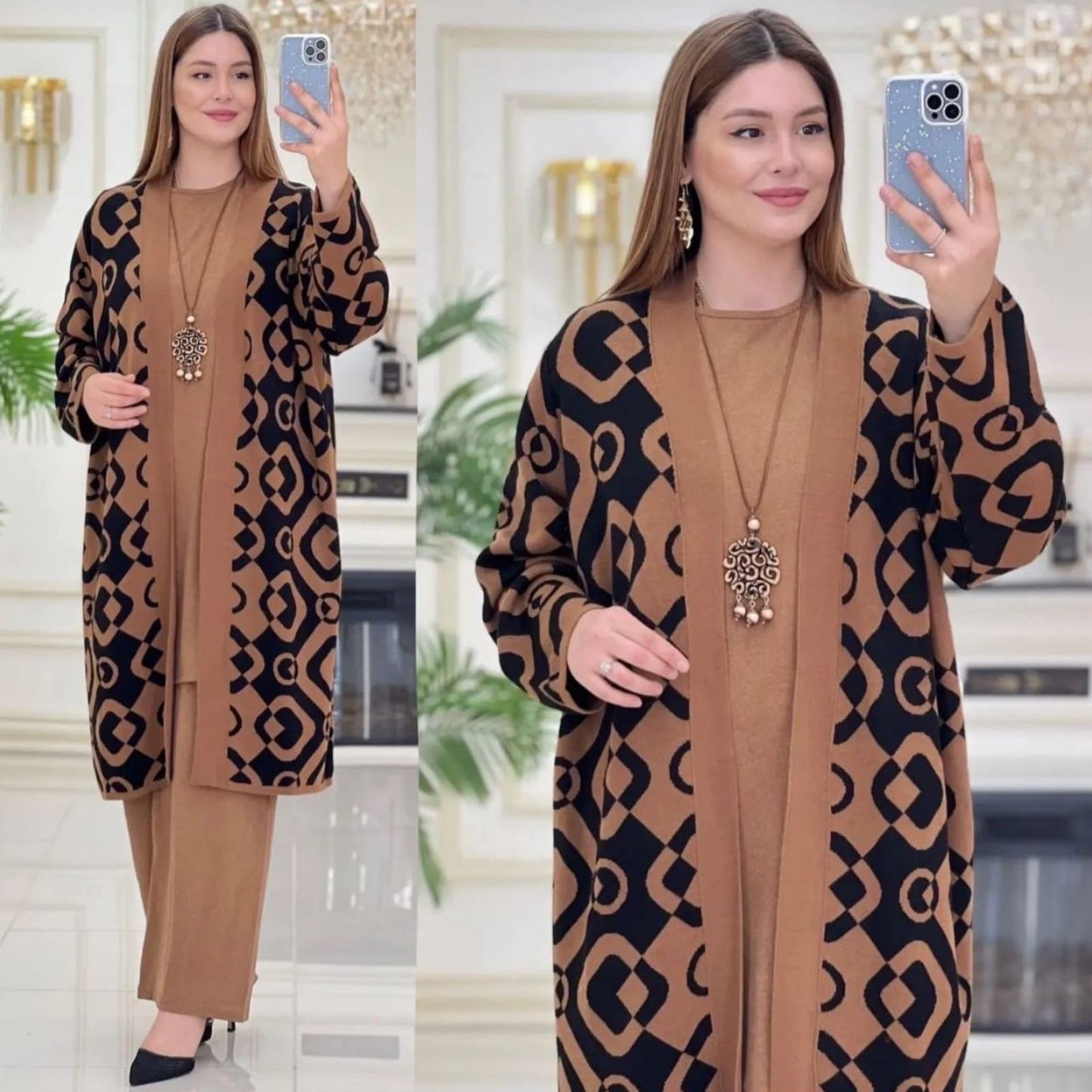 طقم صوفي ثلاثي أنيق بنقشات هندسية للخروج اليومي والضيافة