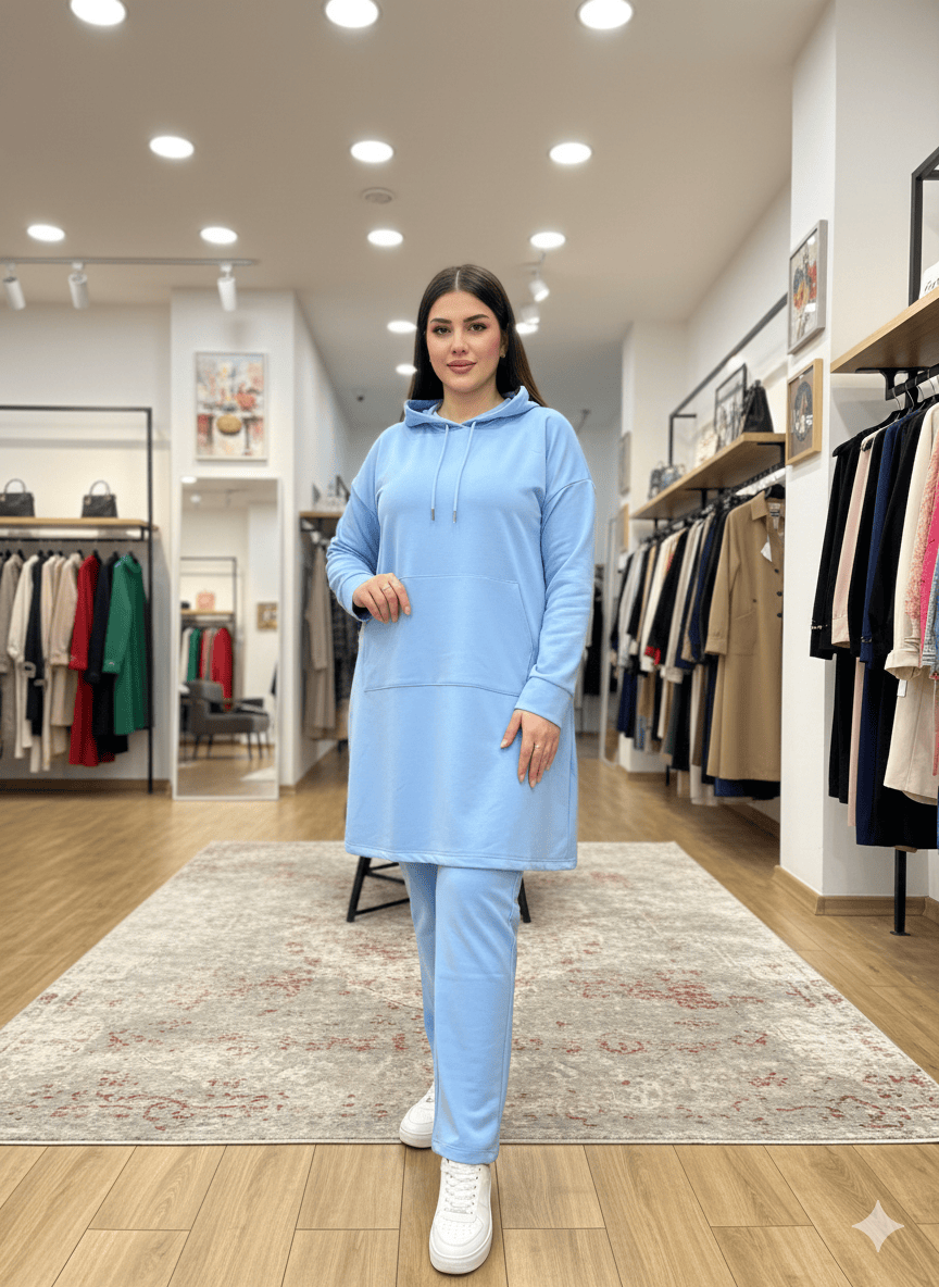 طقم هودي رياضي نسائي محتشم قطعتين بقصة طويلة