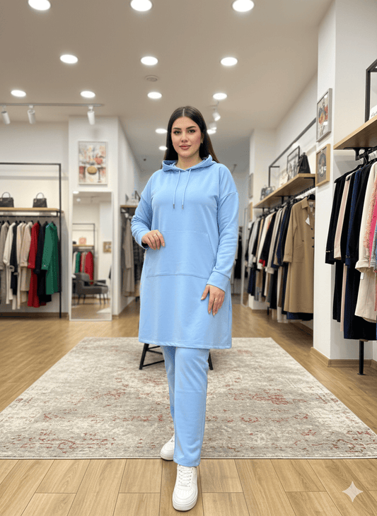 طقم هودي رياضي نسائي محتشم قطعتين بقصة طويلة