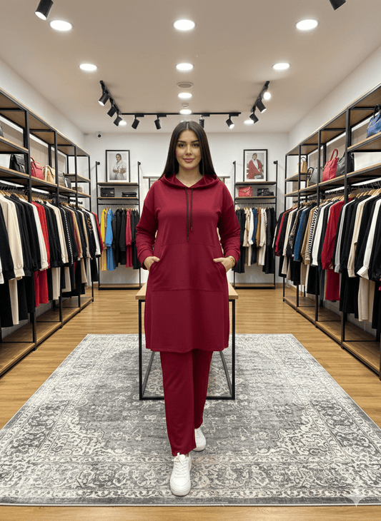 طقم هودي رياضي نسائي محتشم قطعتين بقصة طويلة