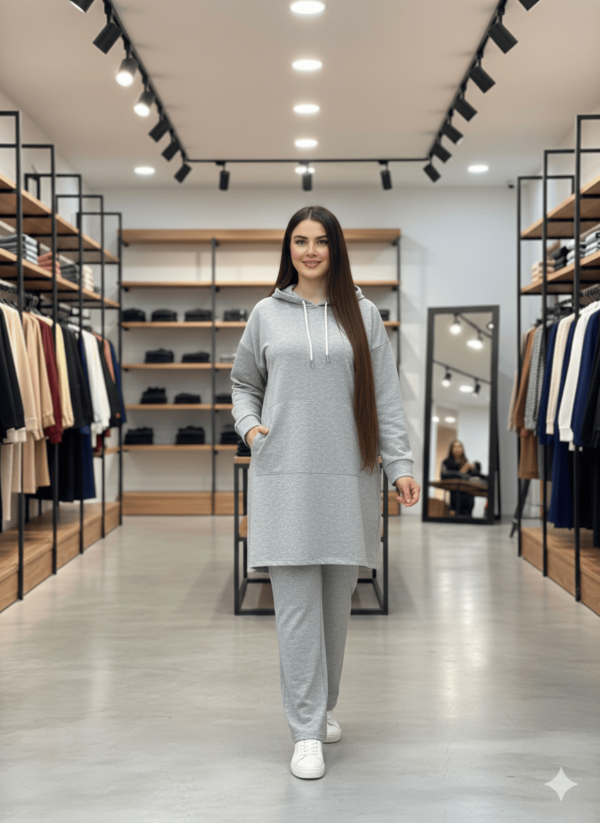 طقم هودي رياضي نسائي محتشم قطعتين بقصة طويلة