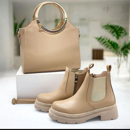 طقم أناقة يومية: حقيبة دائرية مع بوت كاحل عملي