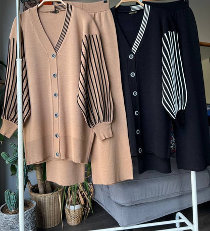 طقم&nbsp; تركي من قطعتين بأكمام مخططة – أناقة مريحة لكل الفصول