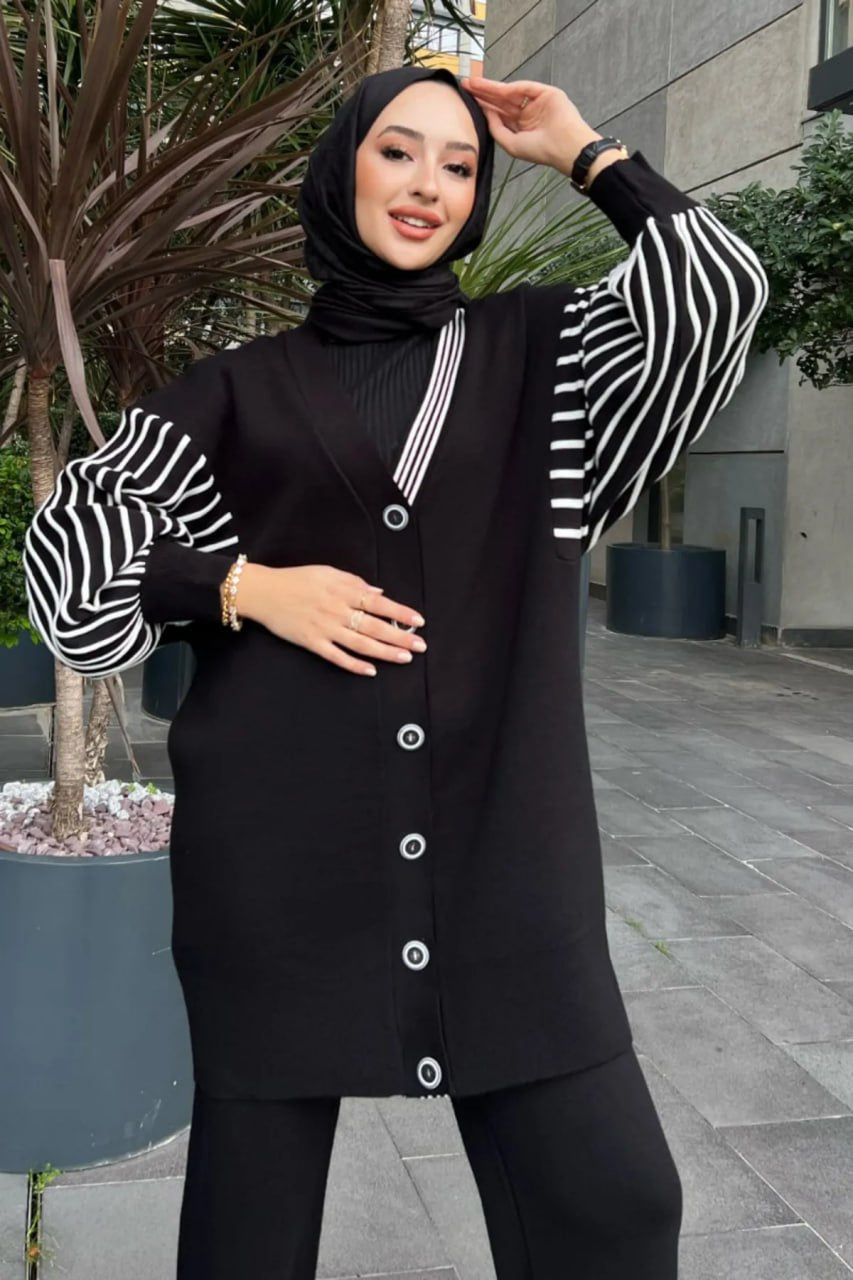 طقم&nbsp; تركي من قطعتين بأكمام مخططة – أناقة مريحة لكل الفصول