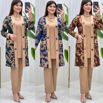 طقم صوف أنيق بثلاث قطع بنقوش فاخرة لإطلالة شتوية دافئة