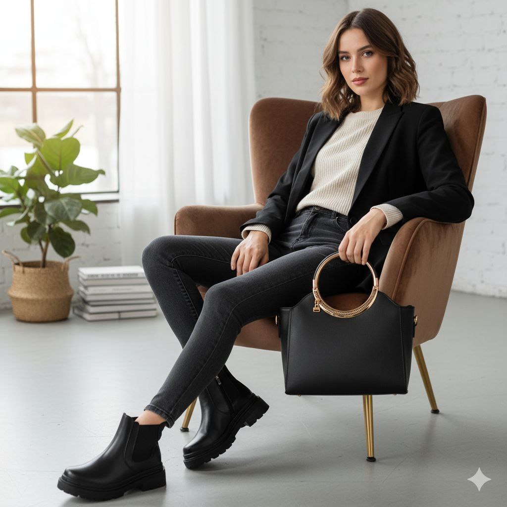 طقم أناقة يومية: حقيبة دائرية مع بوت كاحل عملي