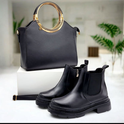 طقم أناقة يومية: حقيبة دائرية مع بوت كاحل عملي