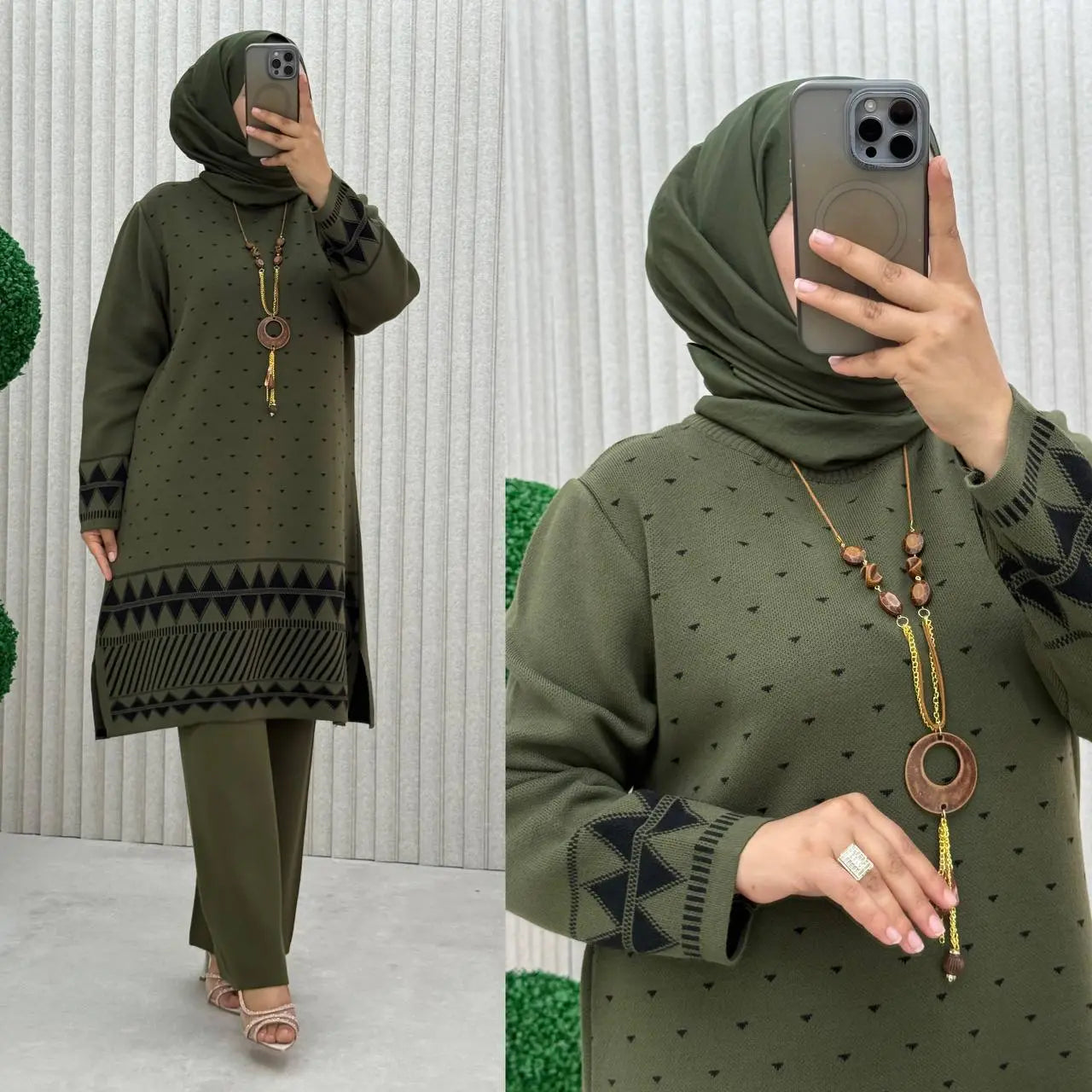 طقم محجبات دافئ بنقشة هندسية فخمة – إطلالة شتوية جاهزة