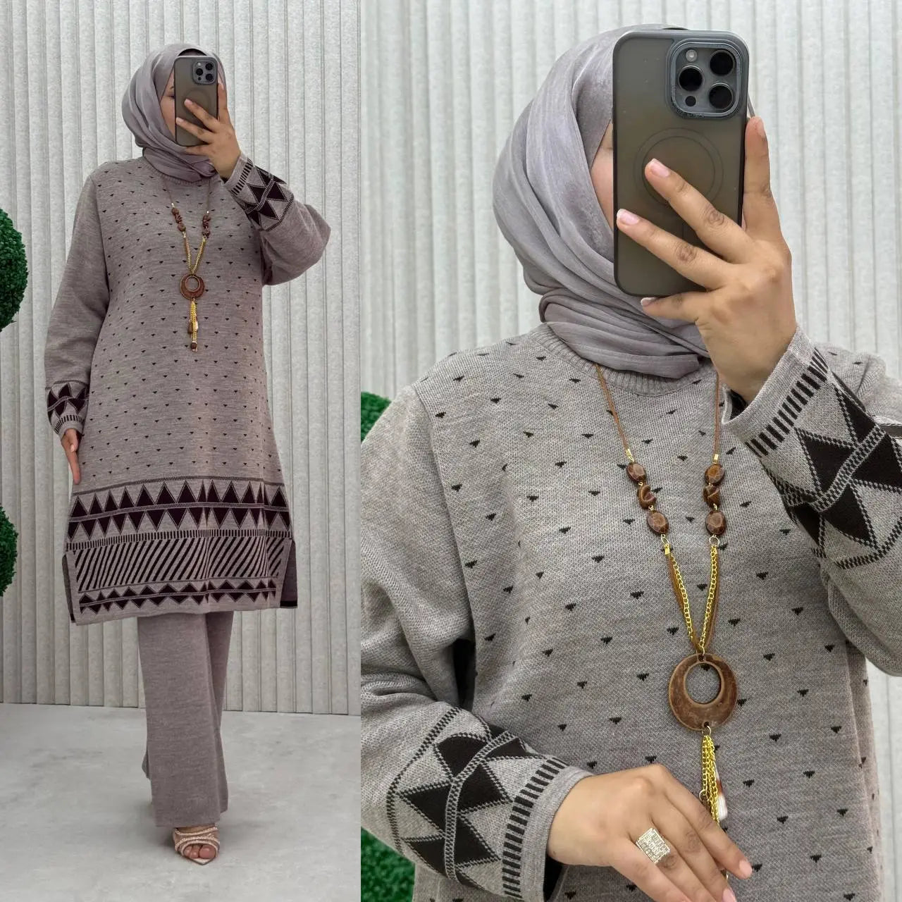 طقم محجبات دافئ بنقشة هندسية فخمة – إطلالة شتوية جاهزة