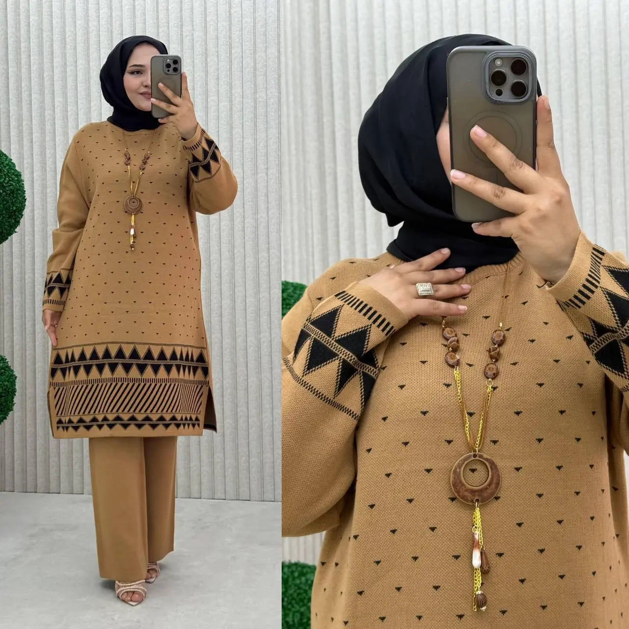 طقم محجبات دافئ بنقشة هندسية فخمة – إطلالة شتوية جاهزة