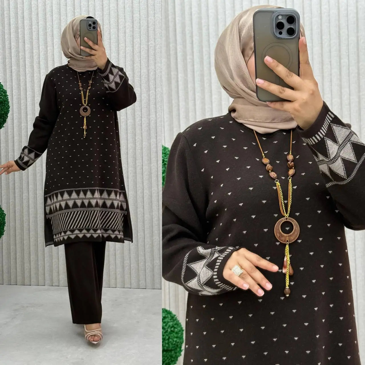 طقم محجبات دافئ بنقشة هندسية فخمة – إطلالة شتوية جاهزة