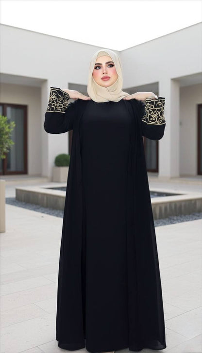 عباية عيد قطعتين بتطريز ذهبي وحزام كريب – جودة عالية