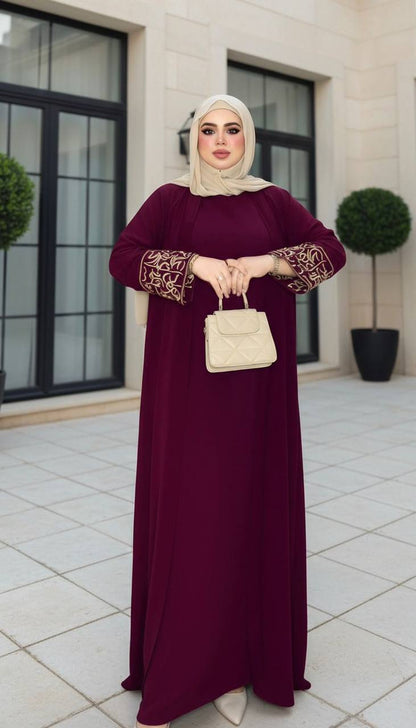 عباية عيد قطعتين بتطريز ذهبي وحزام كريب – جودة عالية