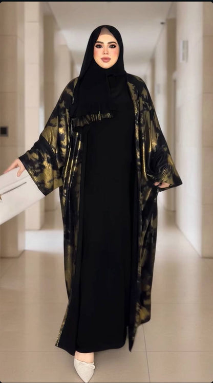 عباية طوب حرير 3 قطع بتفاصيل ذهبية – فخامة العيد والمناسب