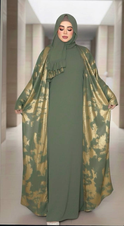 عباية طوب حرير 3 قطع بتفاصيل ذهبية – فخامة العيد والمناسب