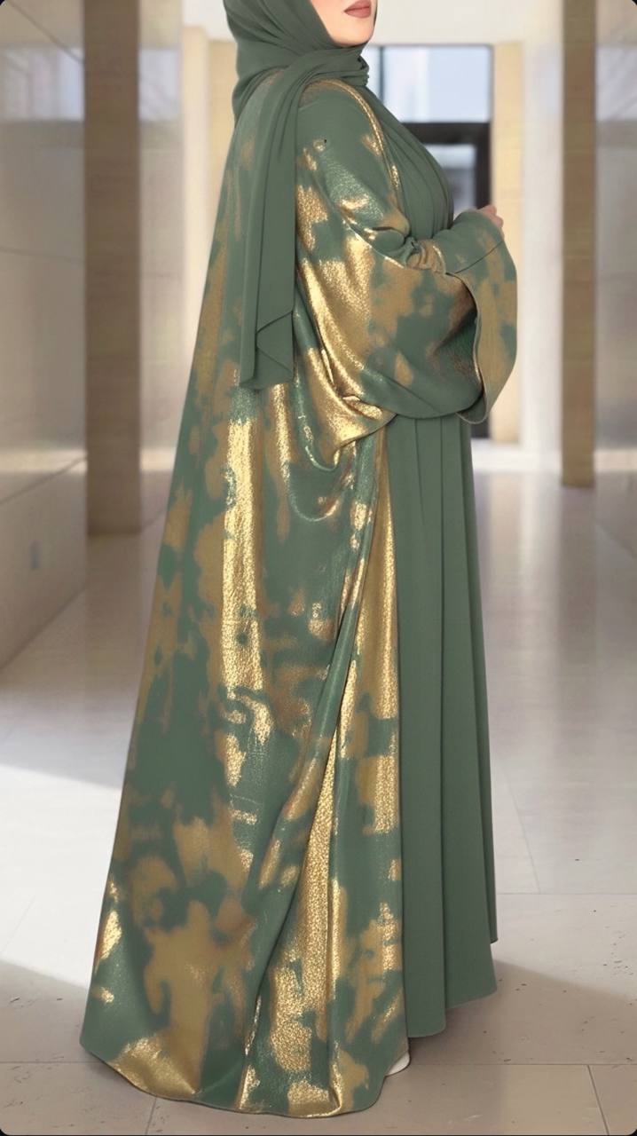 عباية طوب حرير 3 قطع بتفاصيل ذهبية – فخامة العيد والمناسب