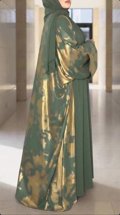 عباية طوب حرير 3 قطع بتفاصيل ذهبية – فخامة العيد والمناسب